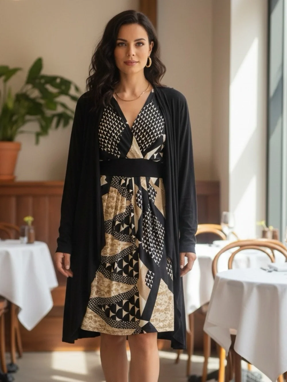 Black & Beige Printed Wrap Dress with Black Cardigan